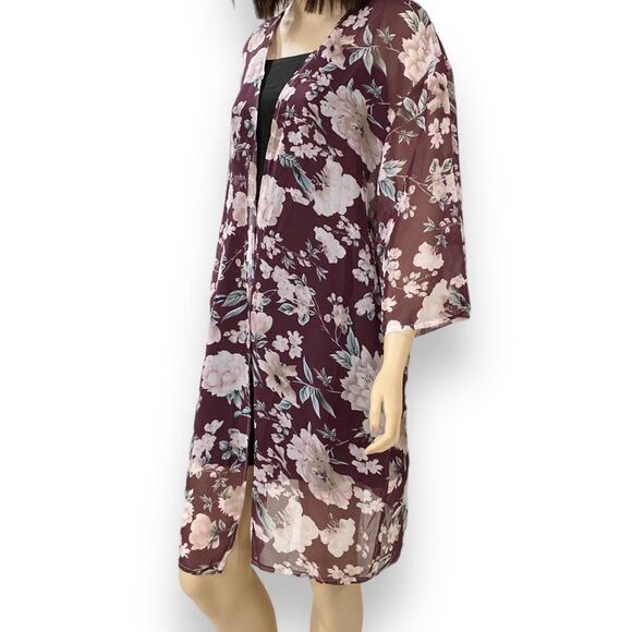 Floral Burgundy Thigh Length Summer Kimono Robe NEW - Picture 4 of 4